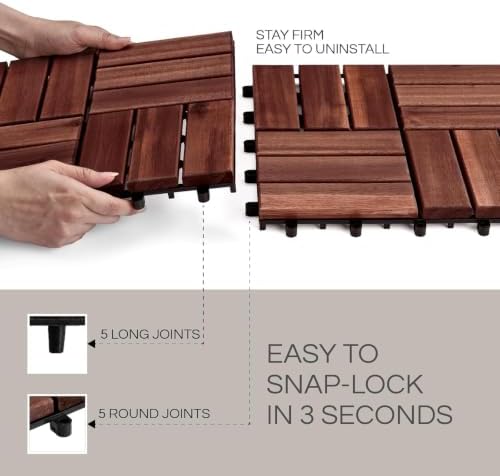THYOI Acacia Wood Interlocking Deck Tiles (12" x 12"), Deck Flooring Outdoor Waterproof All Weather, Tiles for Patio, decking Tiles for Indoor and Outdoor use (Dark Brown 12S, 30 Pcs - 30 Square ft)