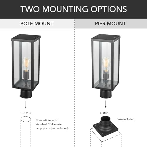 Globe Electric 44384 1-Light Outdoor Lamp Post Light Fixture with Base Adaptor, Matte Black, Clear Glass Inserts, Weather Resistant Exterior Lighting, Modern Security Lights, E26 Base