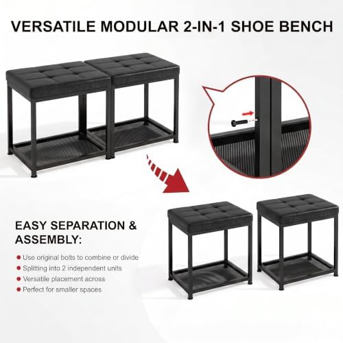 DreamDashio Set of 2 Small Shoe Storage Benches with PU Leather Cushion, 3-Tier Shoe Rack Organizer for Entryway, Metal Mesh Shelves, Holds Up to 300 lbs, Black (31.5"x11.4"x17.5")