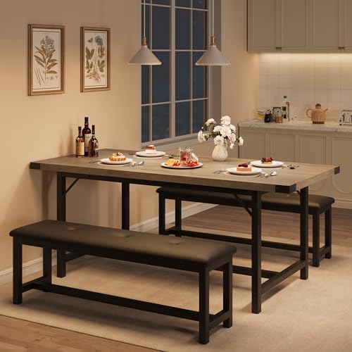 Garvee 63 in Extendable Dining Table Set for 4-6 People, 3-Piece Kitchen Table Set with 2 Upholstered Benches, Farmhouse Dining Room Table Set for Kitchen, Living Room, Apartment, Gray