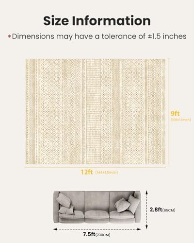 Amada Homefurnishing 9x12 Washable Area Rugs, Beige Boho Geometric Low-Pile Rug with Non-Slip Backing, Stain Resistance & Durable Edge Binding, Soft Indoor Carpet for Living Room, Bedroom, Dining Room