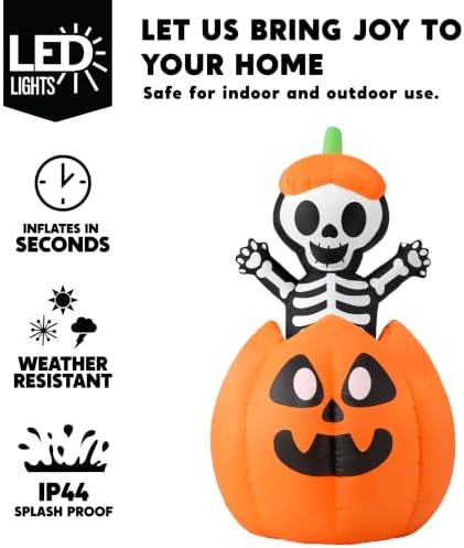 Joiedomi 5FT Halloween Animated Inflatables Outdoor Decorations, Inflatable Skeleton On Pumpkin with LEDs, Cute Blow Up Pumpkin Skeleton Decor for Outside Yard Indoor Lawn Garden Party Decoration