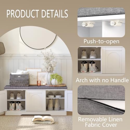 DINZI LVJ Shoe Storage Bench with Cushion, Door, White 39.4" LX17.7 H