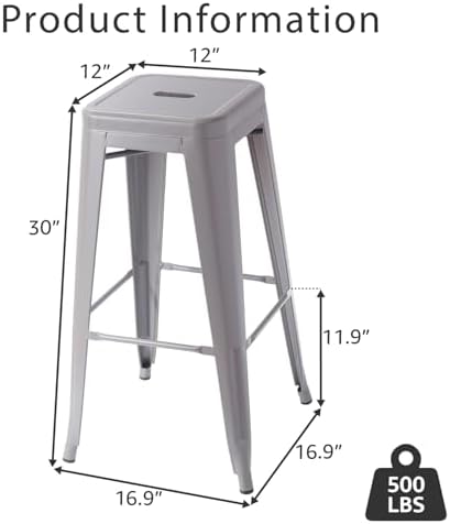 VENI HOME Stackable Metal Bar Stool Backless Indoor-Outdoor Counter Stools Fullmetal Dinning Chairs Set of 4 (Grey, 30 Inch)