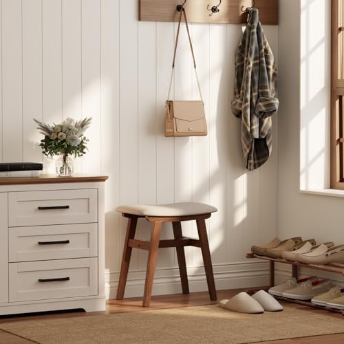 Solid Wood Vanity Stool, Padded Foot Stools Ottoman, Walnut