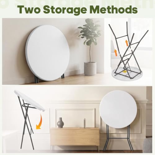 32" Round Folding Table, Portable Bar Height Folding Table with Detachable Legs, Round Foldable Table with HDPE Top for Standing Parties, Balcony, Event, Indoor Outdoor Use (White, 2 Pack)