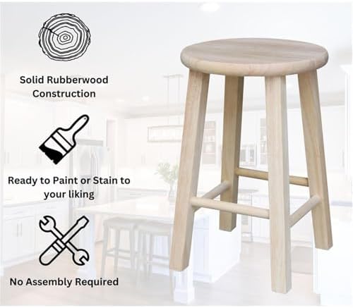 IC International Concepts Solid Wood Round Top Stool, 18" Seat, Unfinished