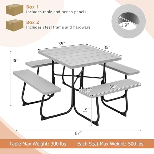 Giantex Picnic Table Bench Set for 8 Persons, Square Outdoor Table with Umbrella Hole, HDPE Top & Metal Frame, 2000LBS Capacity, Patio Table Bench Set for Deck Backyard Garden, Gray
