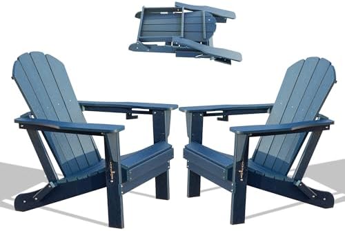 Domi Outdoor Adirondack Chair Set of 2 with Cup Holder, HDPE, Navy Blue
