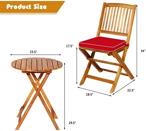 HAPPYGRILL 3 Pieces Patio Bistro Set Table & Chair with Cushions Foldable Wooden Furniture Chairs and Coffee Table for Outdoor Balcony Garden Backyard