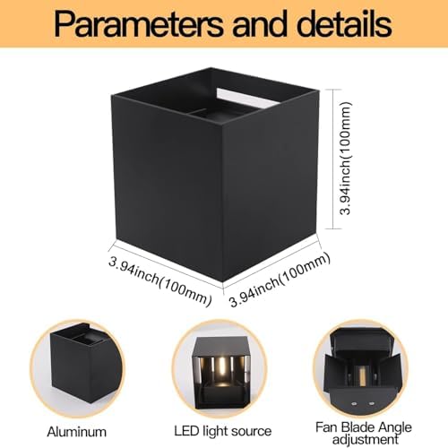 Mille Lucciole 12W 2Pack Outdoor Wall Lights Exterior/Interior,LED Black Outdoor Wall Sconces Light Fixtures Modern,IP65 Waterproof Square Aluminum Wall Lamps, Up and Down Lights 3000K Warm Lights