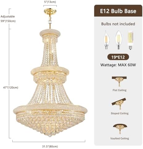 19-Lights High Ceiling Chandelier Modern Gold Crystal Chandeliers Large Foyer Chandelier Fixtures for Staircase Living Room Hallway Entryway (H47 x W31.5)
