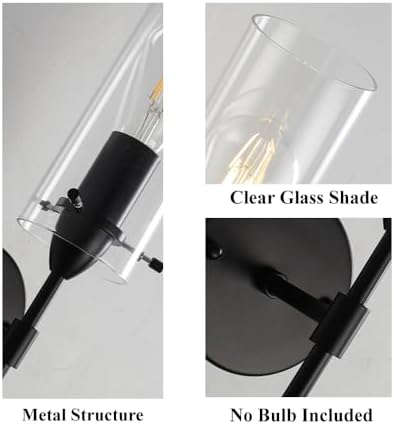 Modern Wall Sconces Set of Two, Black Wall Sconce with Clear Glass Shade, Hardwired Wall Mount Light Fixtures for Living Room Bathroom, Bedroom, Hallway