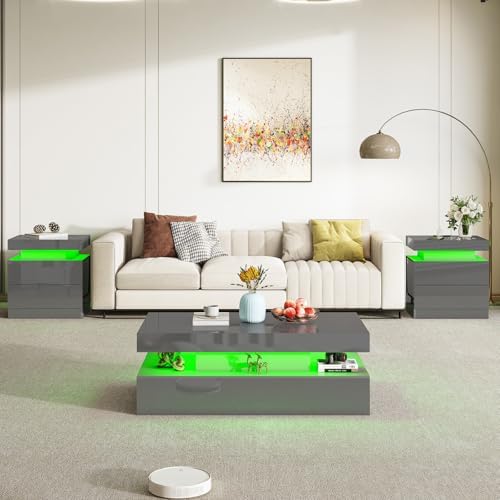 AMERLIFE 3-Piece High Gloss Coffee Table Set with LED Lights