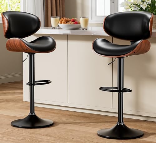 Bar Stools Set of 2, Swivel Adjustable with Bentwood Backrest, Black