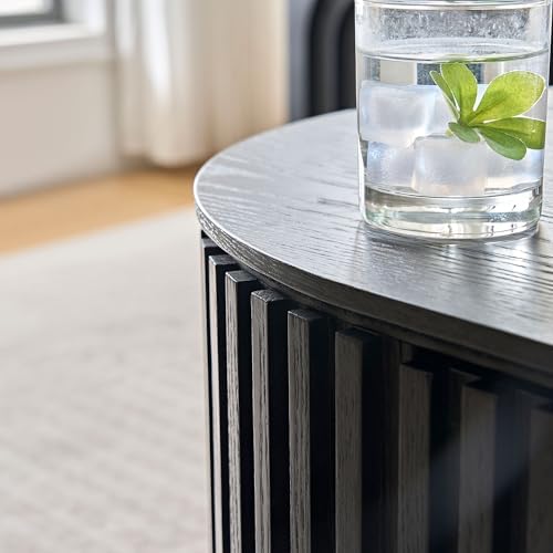 51.18'' Oval Wood Coffee Table with Drawer, Centre Table Tea Table Fluted Coffee Table Mid Century Modern Coffee Table Round Coffee Table Unique Coffee Table for Living Room Apartment-Black