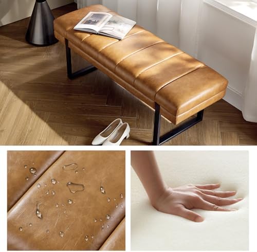 HULALA HOME 53" Faux Leather Tufted Entryway Bench, Camel