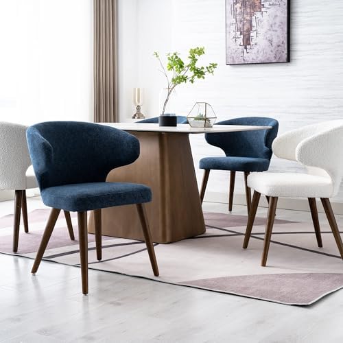 HNY Mid Century Modern Sherpa Boucle Dining Chairs Set of 6, Upholstered Curved Wingback Accent Arm Chairs Side Chairs with Solid Wood Legs, White