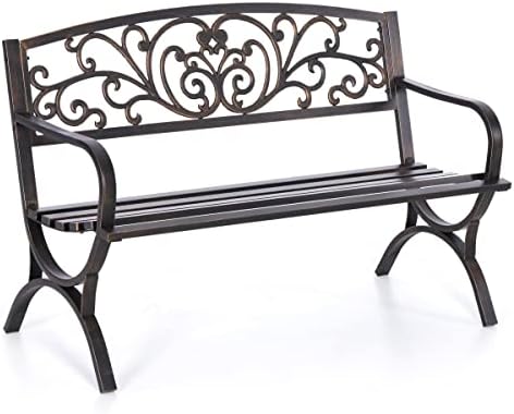 MFSTUDIO 50 Inches Outdoor Garden Bench Cast Iron Metal Frame Floral Bronze