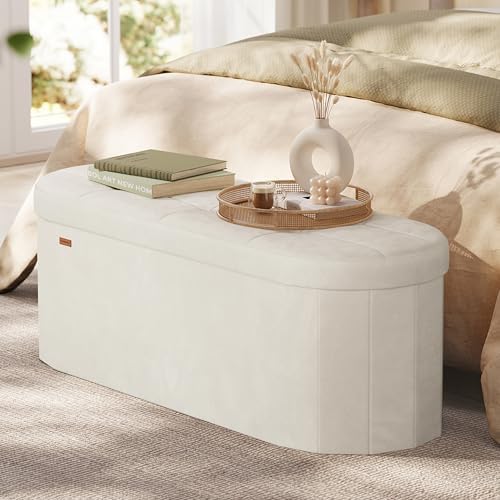 SONGMICS Folding Ottoman with Storage, Oval Bench, Velvet Fabric