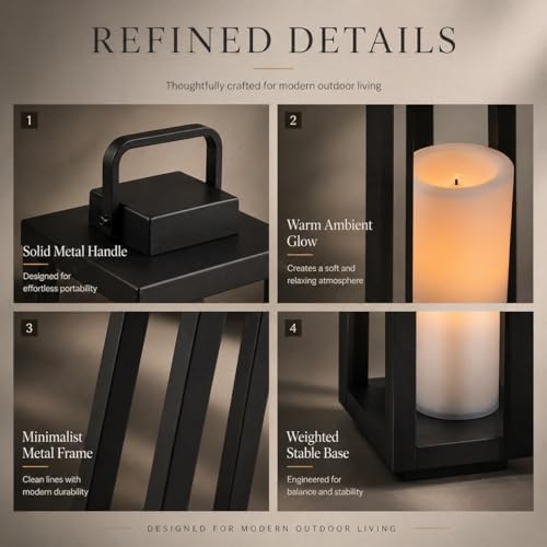 Integrated LED Solar Lantern Outdoor Large H24 Inch Black Metal Decorative Solar Light with Flickering Candle Waterproof Patio Lantern for Garden Pathway Porch Yard