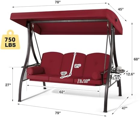 HOMREST 3 Person Porch Swing with Adjustable Canopy, Patio Swing with Stand