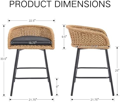 Modern 25" Rattan Counter Height Bar Stools Set of 2,Charcoal Stool Seat