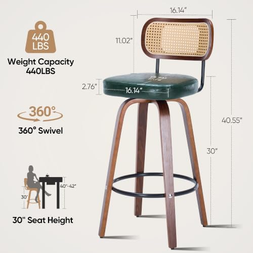 Rattan Bar Stools Set of 2,Upholstered PU Leather, 30''Counter Height Barstools with Back and Wood Legs,360°Swivel,Mid-Century Modern Bar Stool for Kitchen Island Dining Room and Bar(Vintage Green)