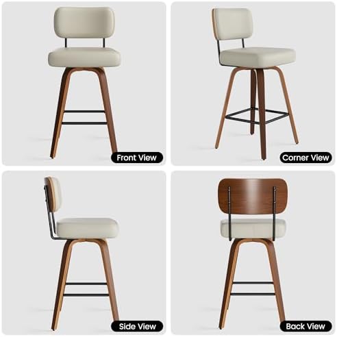 Swivel Bar Stools Set of 3, 26" Upholstered Faux Leather Counter Height Barstools with Walnut Back & Bentwood Legs, Mid Century Modern Bar Chairs Island Stools for Kitchen Counter, Beige Grey
