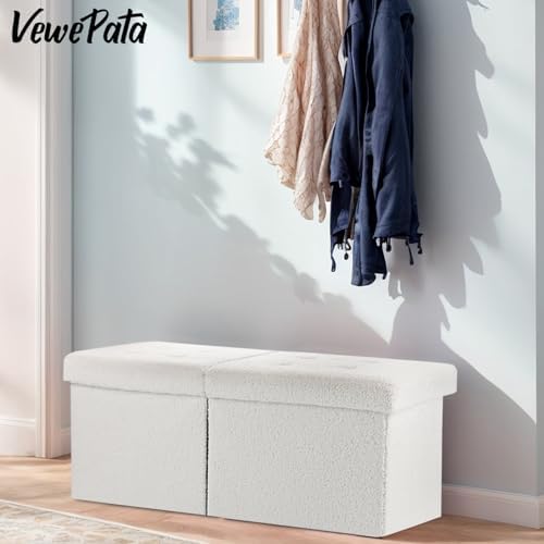 Storage Ottoman Bench, 34" Teddy Velvet Folding Foot Rest, White