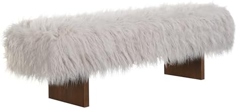 Christopher Knight Home Lenka 67" Long-haired Faux Wool Bedroom Bench, Rubberwood Ottoman Bench, Spacious Seating, Long Footstool for Living Room, Luxury Entryway Bench, Brown+Beige