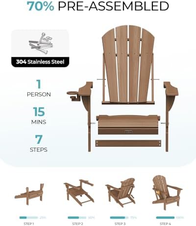 Ciokea Folding Adirondack Chairs Set of 4 with Cup Holder, HDPE, Teak