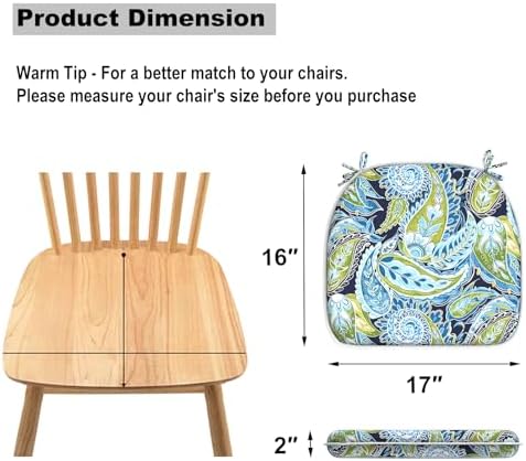 DYTXIII Set of 2 Outdoor Chair Cushions with Ties,Water Repellent Patio Chair Pads 17"x 16" for Outdoor Furniture,Round Corner Seat Cushions for Garden Yard Kitchen Paisley Lapis Green