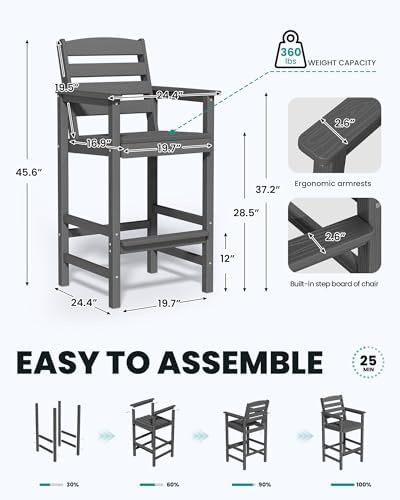 SERWALL 2-Pieces Tall Adirondack Chairs, HDPE Balcony Barstools Set, Grey