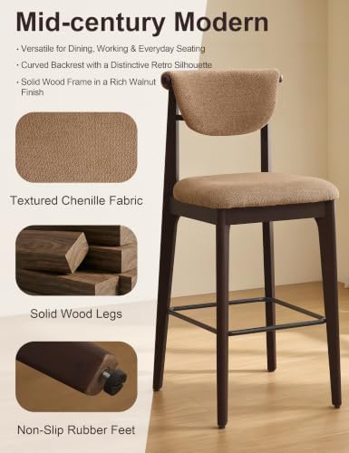 30" Counter Height Bar Stools Set of 2, Solid Wood Legs, Camel Brown