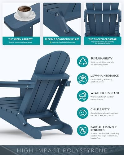 SERWALL Folding Adirondack Chair Set of 2 with Cup Holder for Fire Pit-Blue