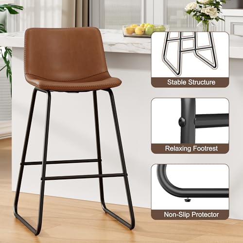 REONEY Bar Stool Set of 3, 26" Urban Faux Leather Counter Stool, Dark Brown