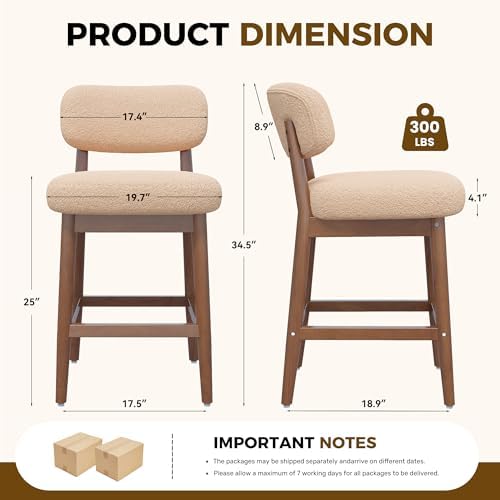 Solid Wood Counter Height Bar Stools Set of 2, Fluffy Boucle Bar Chairs with Frame, Mid-Century Modern Upholstered Stools with Backrest for Kitchen Island, Home Bar, Oatmeal