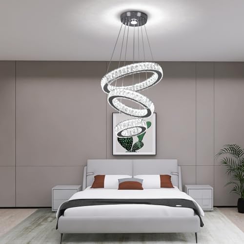 Modern 3-Ring Crystal LED Chandelier, 15.6" Pendant Light Fixture, 52W