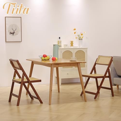 Tiita Rattan Folding Dining Chairs Set of 2, Bamboo Frame, Walnut