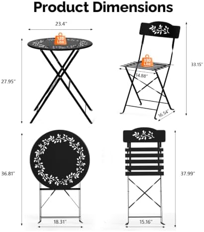 VINGLI Outdoor Folding Bistro Table and Chairs Set of 2, 3-Piece Bistro Set with Olive Leaf Cutout Design and Comfortable Cushions for Patio, Balcony, Garden, Porch, Yard, Black
