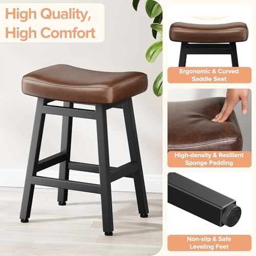 Raynesys 24 Inche Bonded Leather Counter Height Bar Stools Set of 2 Curved