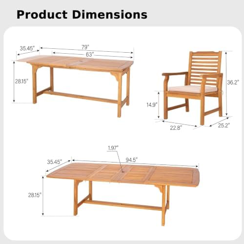 MFSTUDIO 9pc Outdoor Dining Set, Expandable Wood Table w/Umbrella Hole