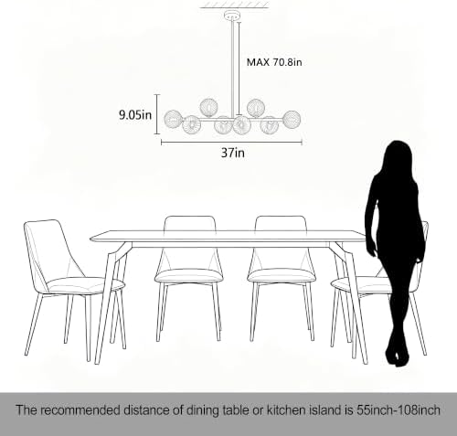 Clear Ribbed Glass Globe Chandelier, 8-Light Bubble Dining Room Chandelier 37" Black Modern Chandelier Sputnik Chandeliers Mid Century Linear Chandeliers for Dining Room Kitchen Island