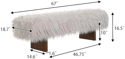 Christopher Knight Home Lenka 67" Long-haired Faux Wool Bedroom Bench, Rubberwood Ottoman Bench, Spacious Seating, Long Footstool for Living Room, Luxury Entryway Bench, Brown+Beige