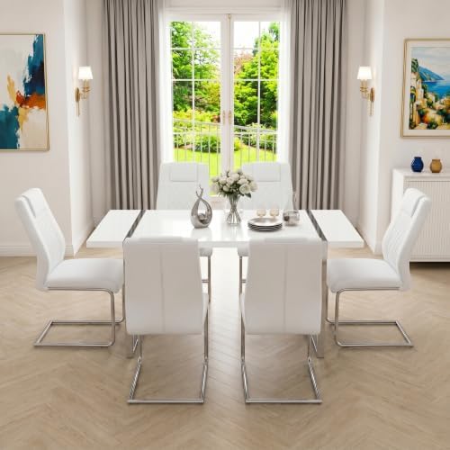 55‘’ White Dining Table Set for 6, Dining Tabletop and Silver Metal Frame, Rectangle Dining Room Table with 6 White Upholstered Dining Chairs. ModernDinner table Set for Kitchen and Dining Room.