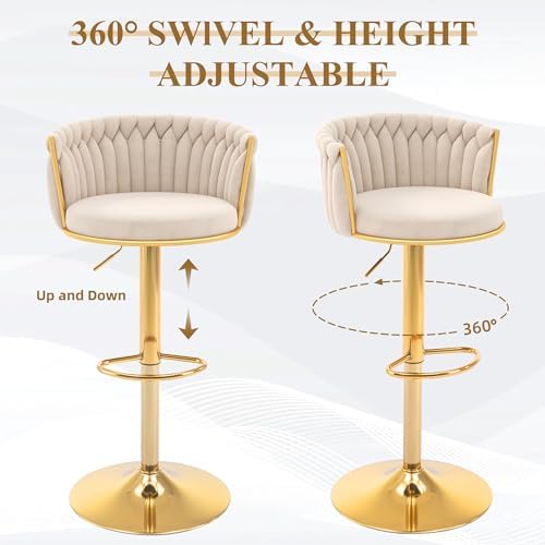 ABET Beige Gold Bar Stool Set of 2, Adjustable Height with Woven Backrest