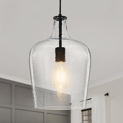 9.3" Blown Glass Pendant Lighting for Kitchen Island,Black Large Pendant Light Fixture with blown Thickened Glass,1 Light Farmhouse Hanging Light for Hallway,Bedroom, Living Room Tall 14 inch