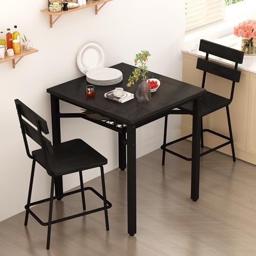 Hooseng 3 Piece Bar Table and Chairs Set, Counter Height Small Dining Table with 2 Bar Stools, Farmhouse Square Kitchen Table with Storage for Bistro, Pub, Small Space