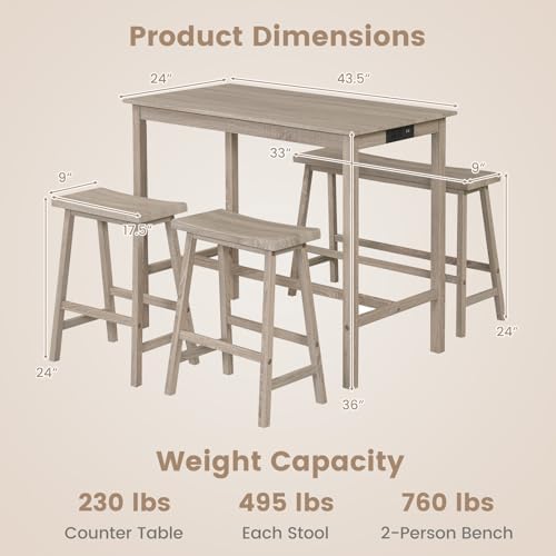 GIANTEX 4-Piece Counter Height Dining Table Set with Power Outlet, Solid Rubber Wood Kitchen Table with Saddle Backless Bench & 2 Stools, Space-Saving Bar Table Set for Breakfast Nook (Light Gray)